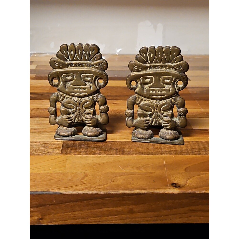 Vintage MCM Mesoamerican Mayan Deity Aztec Warrior Style Brass Bookends